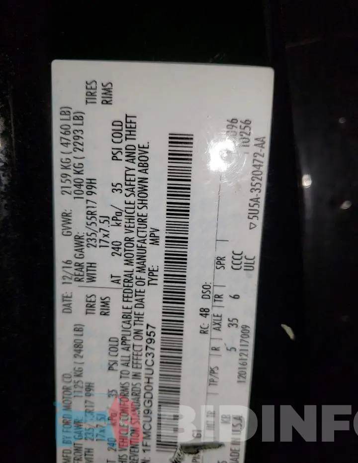 1FMCU9GD0HUC37957 Photo# 13