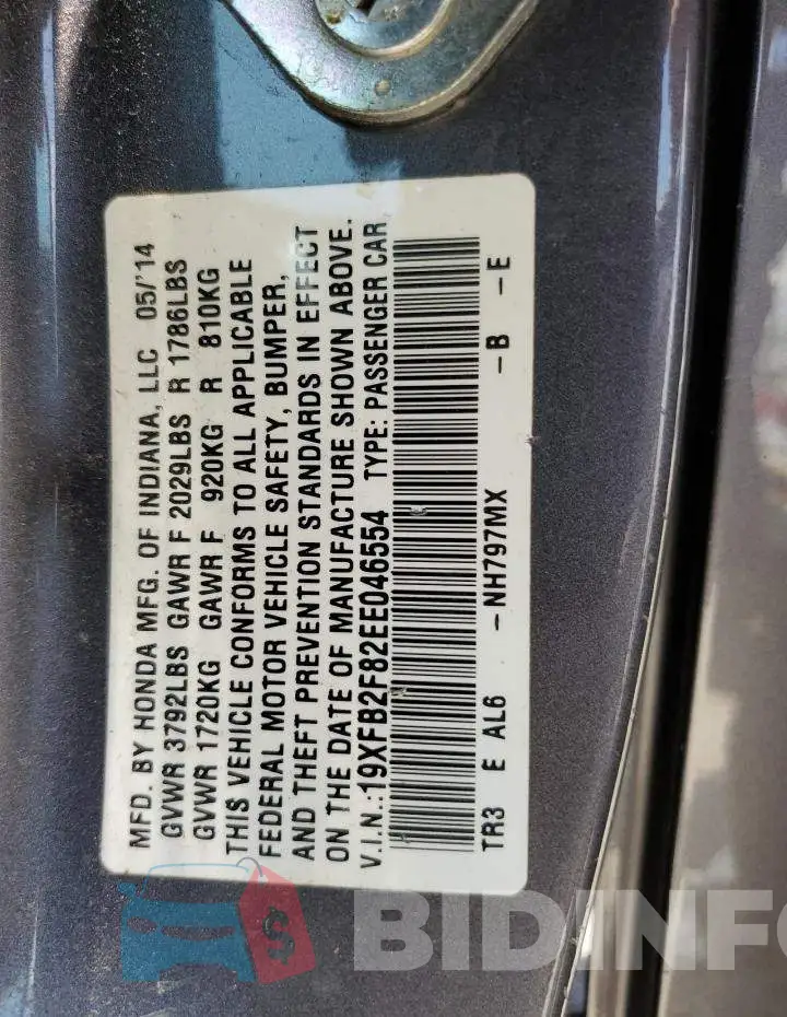 19XFB2F82EE046554 Photo# 12