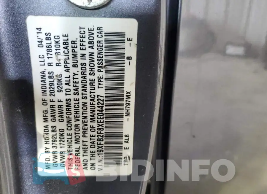 19XFB2F8XEE044227 Photo# 12