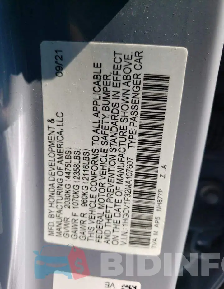 1HGCV1F32MA107607 Photo# 12