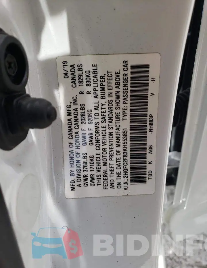 2HGFC2F83KH553851 Photo# 12