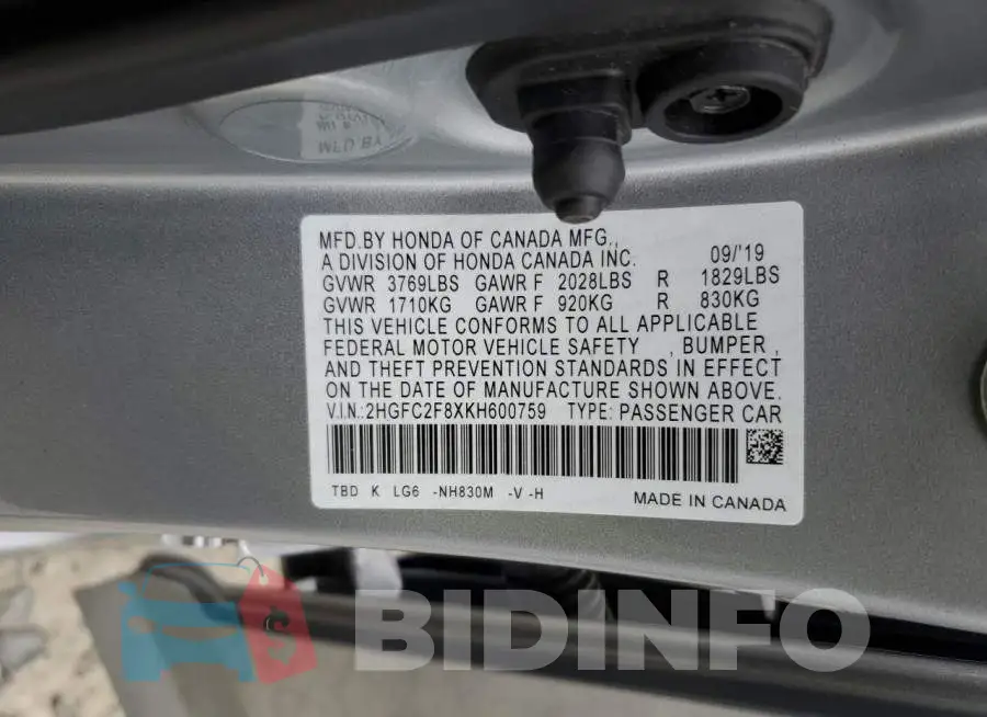 2HGFC2F8XKH600759 Photo# 12