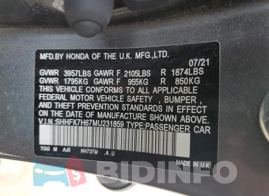 SHHFK7H67MU231859 Photo# 12