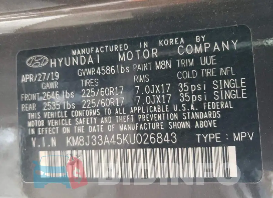 KM8J33A45KU026843 Photo# 14