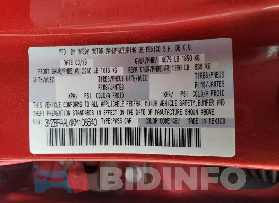 3MZBPAAL4KM108640 Photo# 12