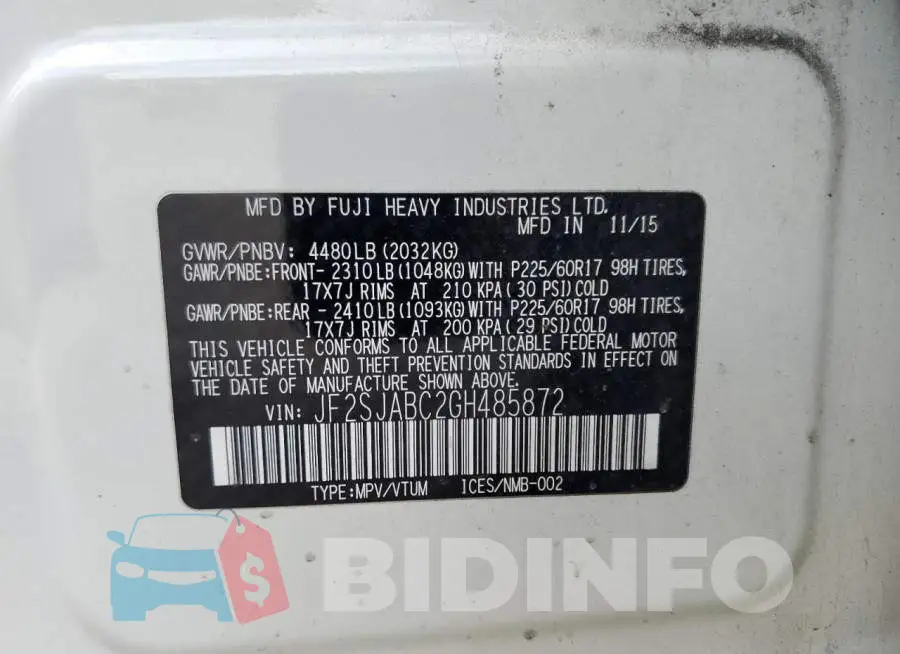 JF2SJABC2GH485872 Photo# 12