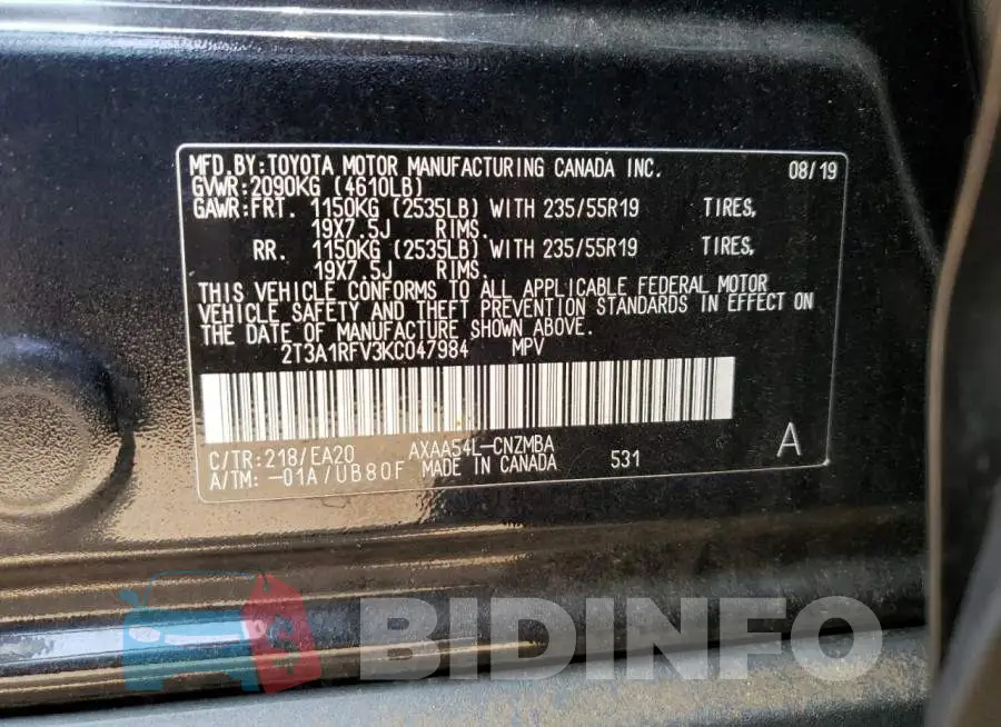 2T3A1RFV3KC047984 Photo# 13