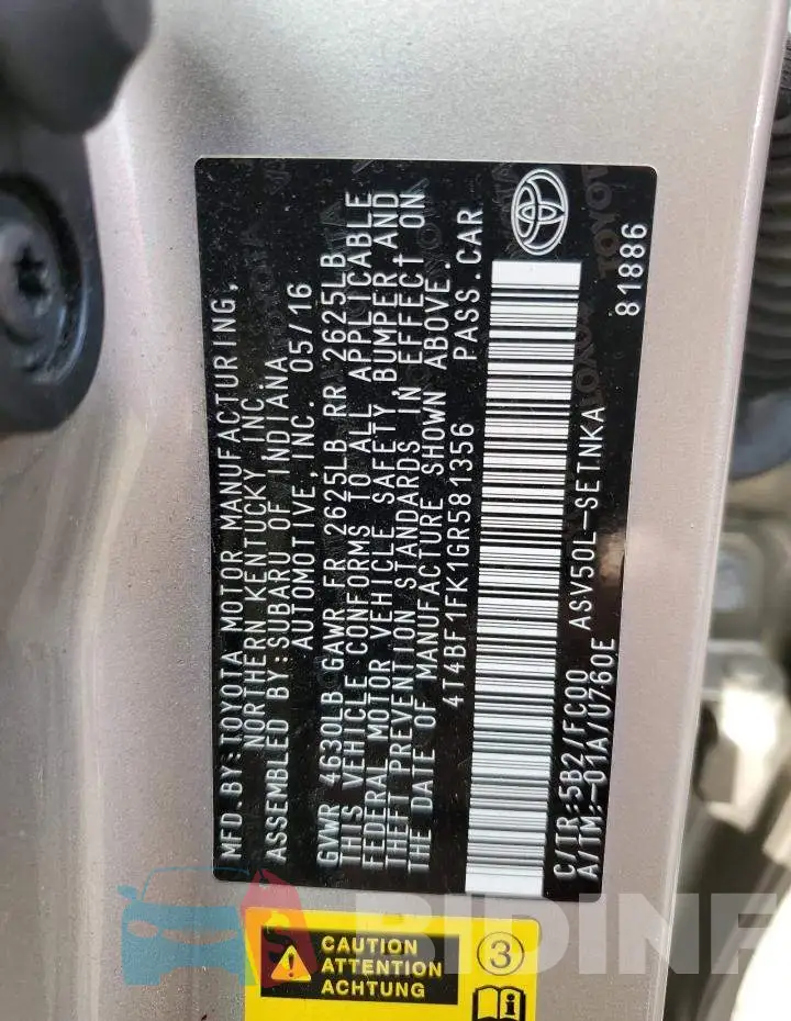 4T4BF1FK1GR581356 Photo# 13