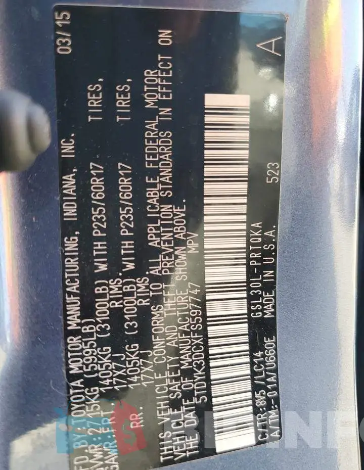 5TDYK3DCXFS597747 Photo# 14