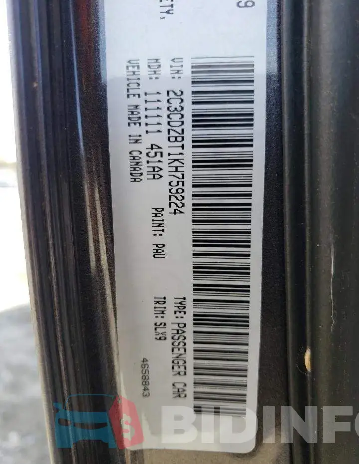 2C3CDZBT1KH759224 Photo# 12