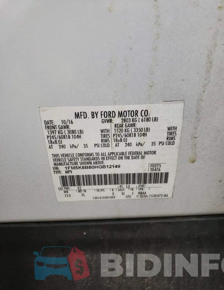 1FM5K8B80HGB12149 Photo# 13