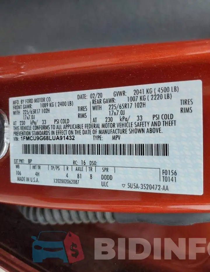 1FMCU9G68LUA91432 Photo# 14