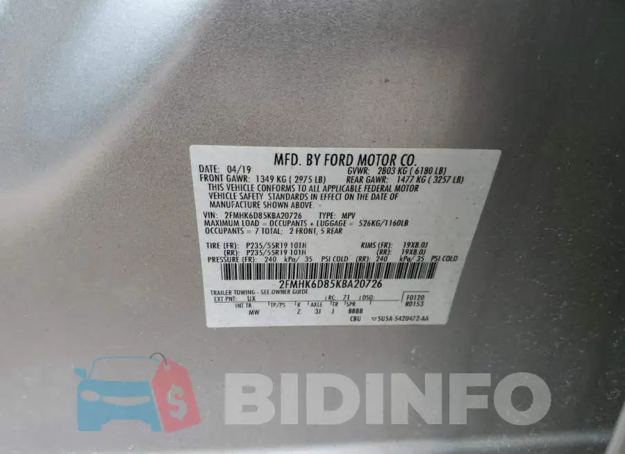 2FMHK6D85KBA20726 Photo# 13
