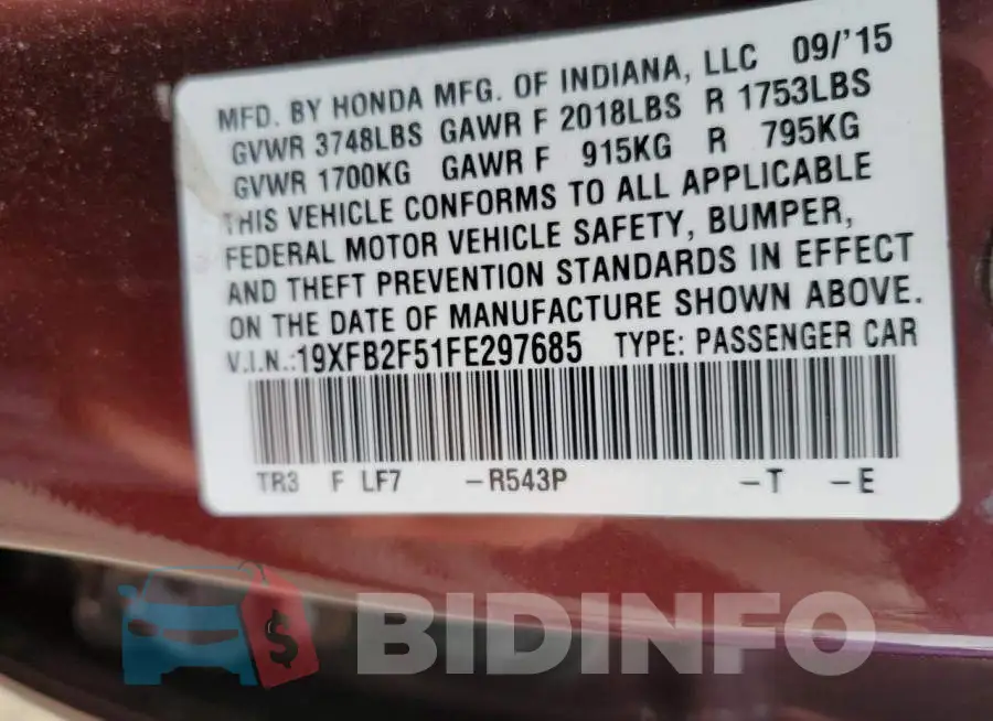 19XFB2F51FE297685 Photo# 13