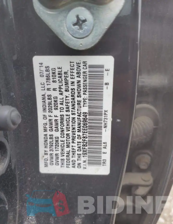 19XFB2F87EE069649 Photo# 13