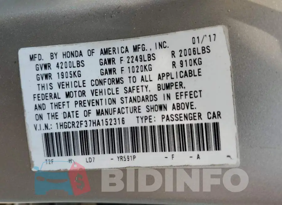 1HGCR2F37HA152316 Photo# 13