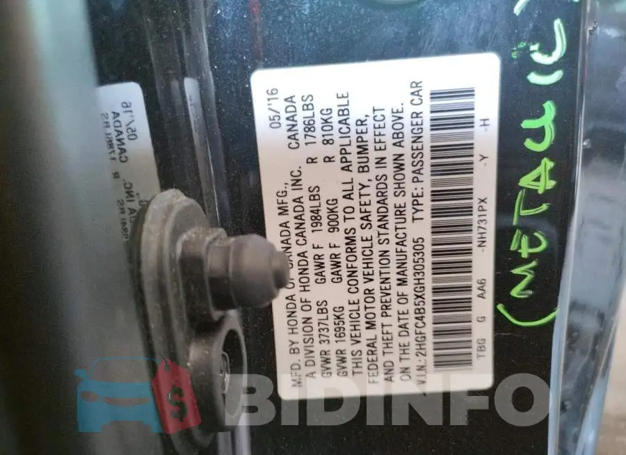 2HGFC4B5XGH305305 Photo# 12