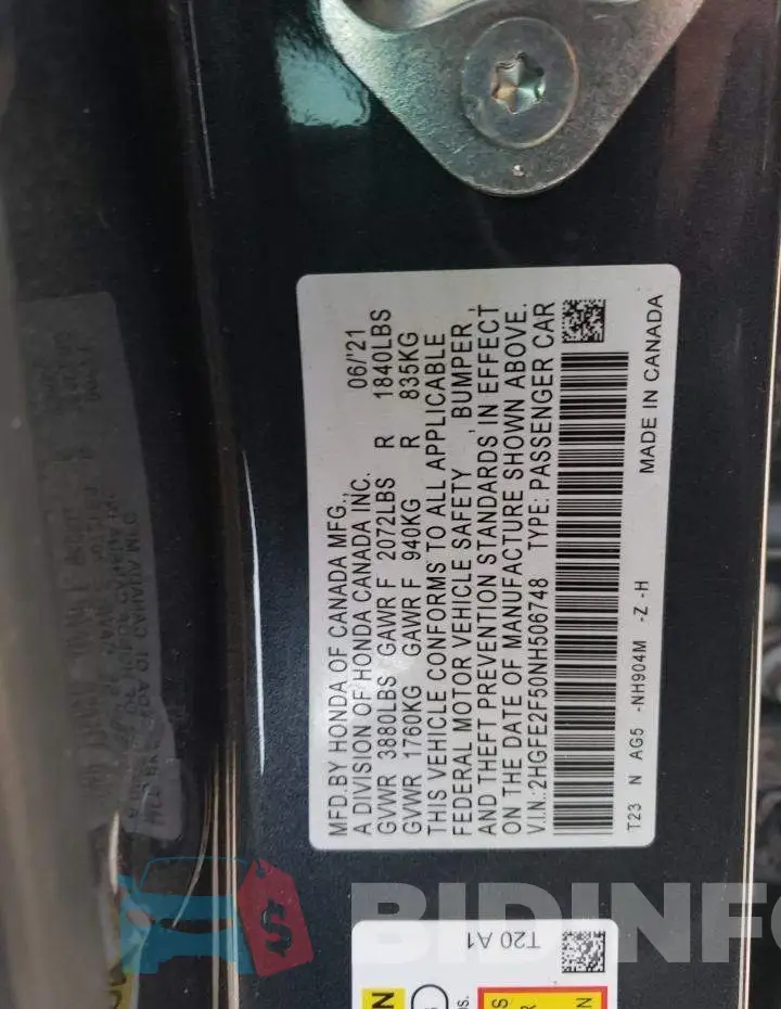 2HGFE2F50NH506748 Photo# 12