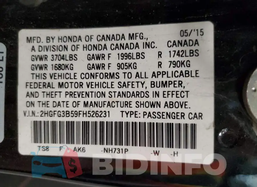 2HGFG3B59FH526231 Photo# 12