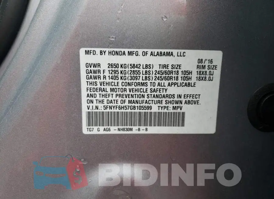 5FNYF6H57GB105599 Photo# 13