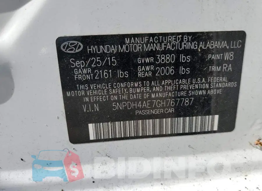5NPDH4AE7GH767787 Photo# 12