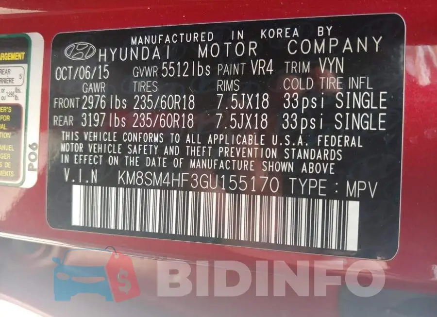 KM8SM4HF3GU155170 Photo# 10