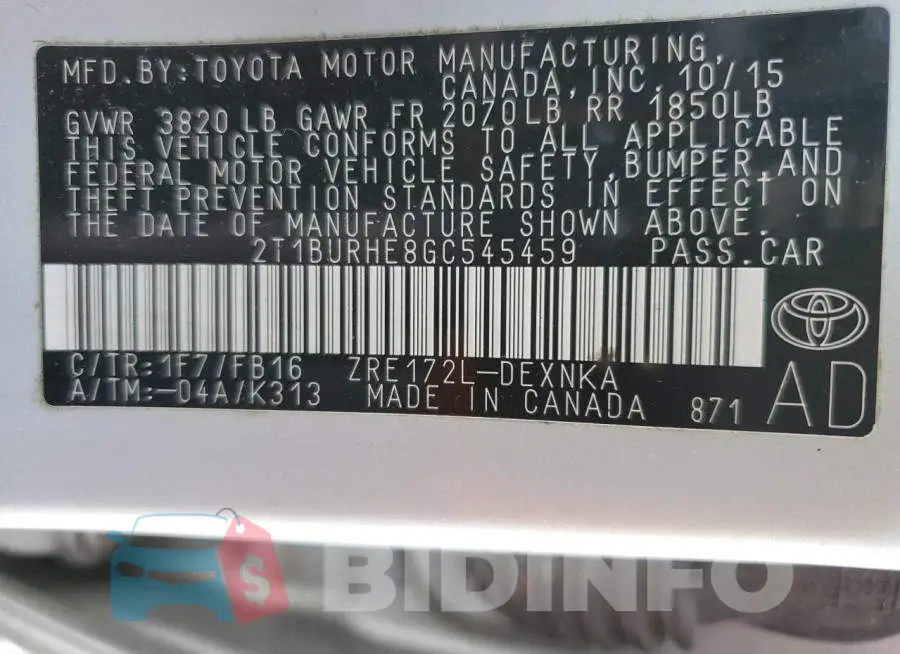 2T1BURHE8GC545459 Photo# 12
