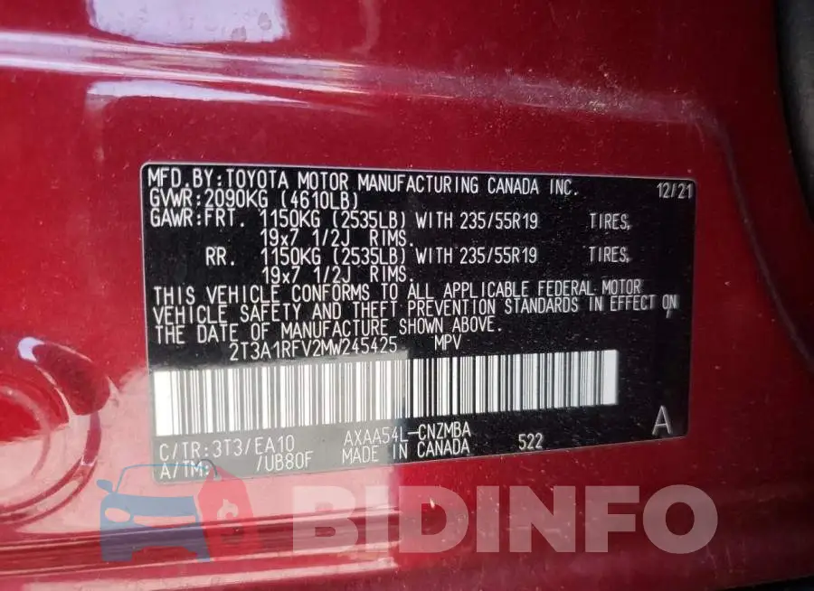 2T3A1RFV2MW245425 Photo# 12
