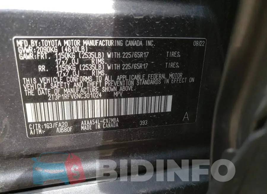 2T3P1RFV6NC301024 Photo# 13