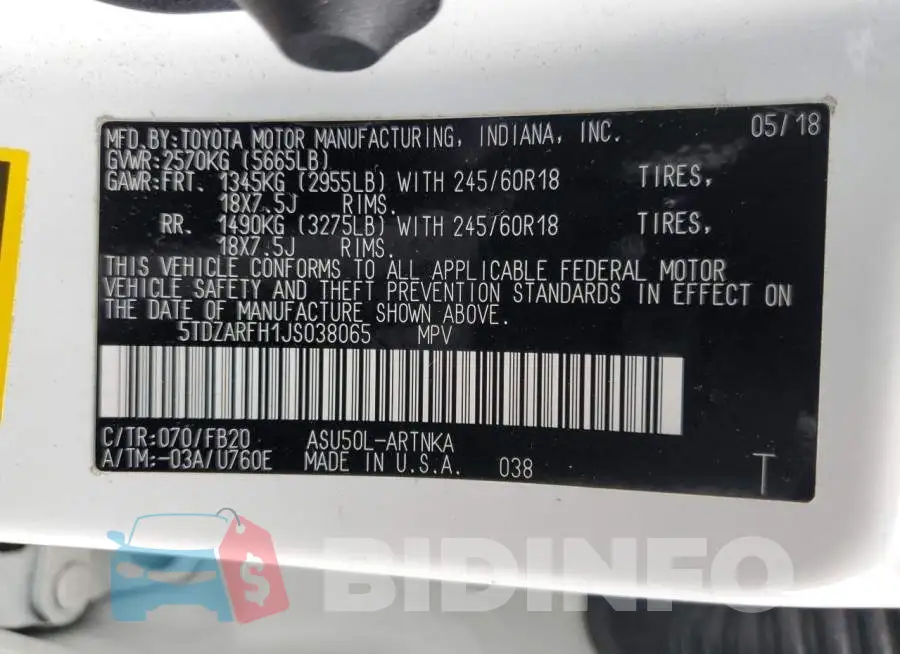 5TDZARFH1JS038065 Photo# 13