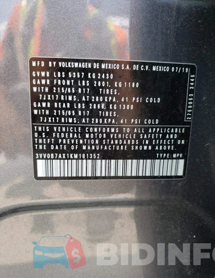 3VV0B7AX1KM181352 Photo# 13