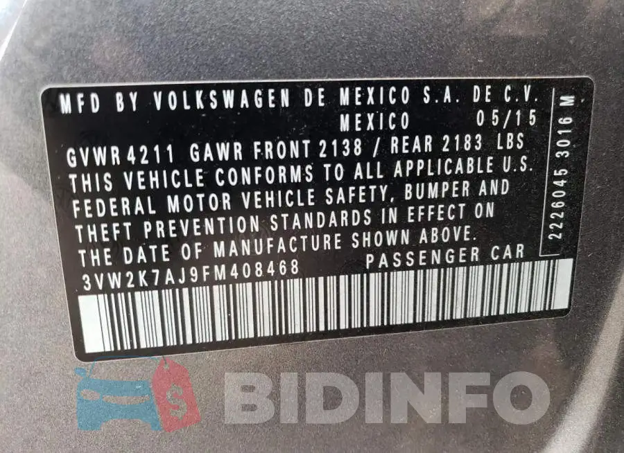 3VW2K7AJ9FM408468 Photo# 12