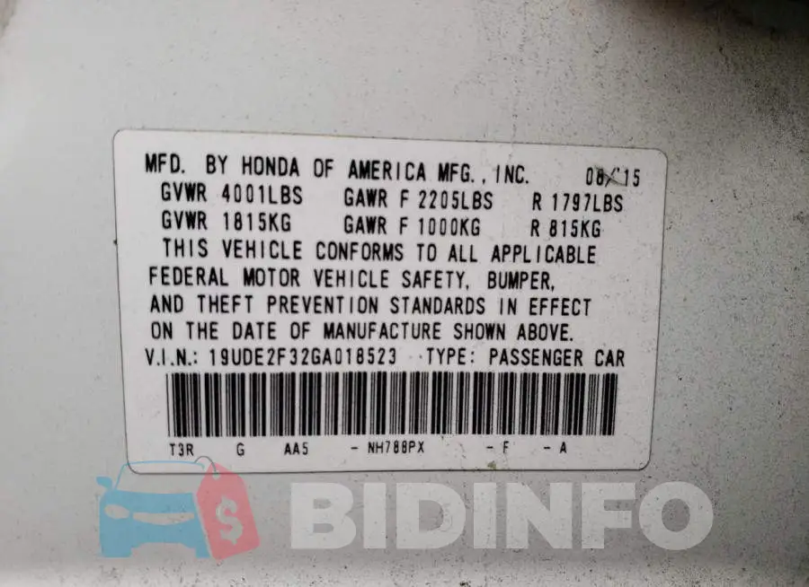 19UDE2F32GA018523 Photo# 12