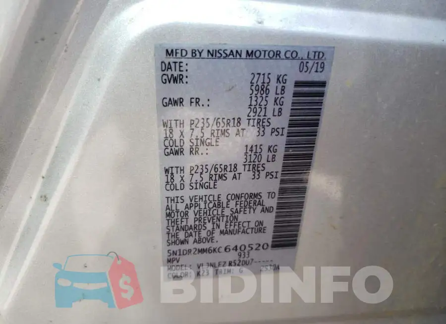 5N1DR2MM6KC640520 Photo# 13