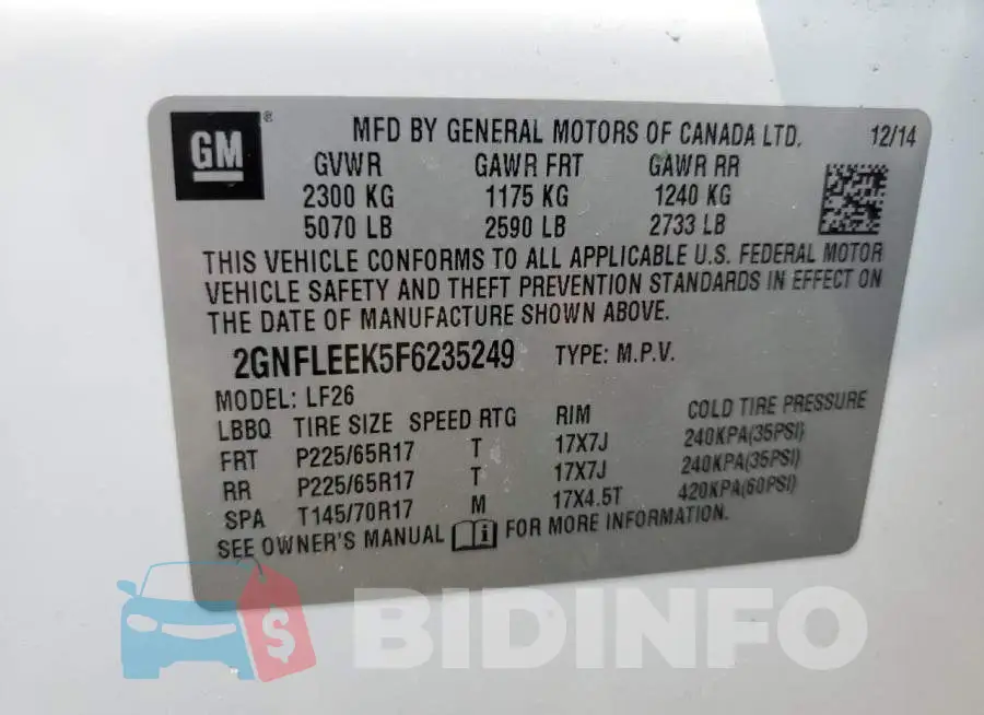 2GNFLEEK5F6235249 Photo# 14