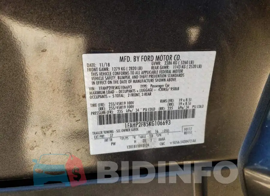 1FAHP2F85KG106693 Photo# 12