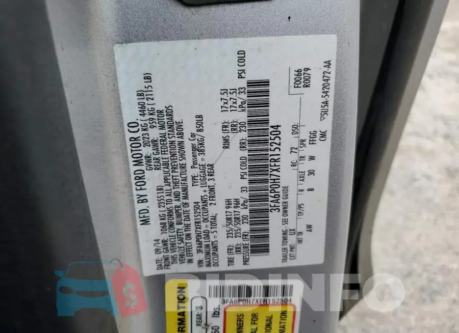 3FA6P0H7XFR152504 Photo# 12