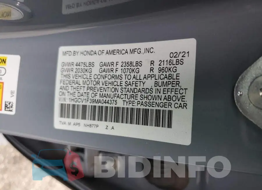 1HGCV1F39MA044375 Photo# 12