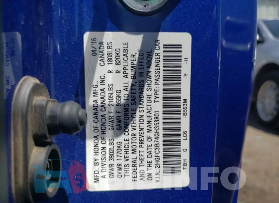 2HGFC3B74GH353801 Photo# 12