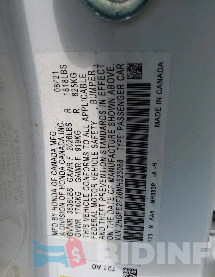 2HGFE2F26NH523088 Photo# 13
