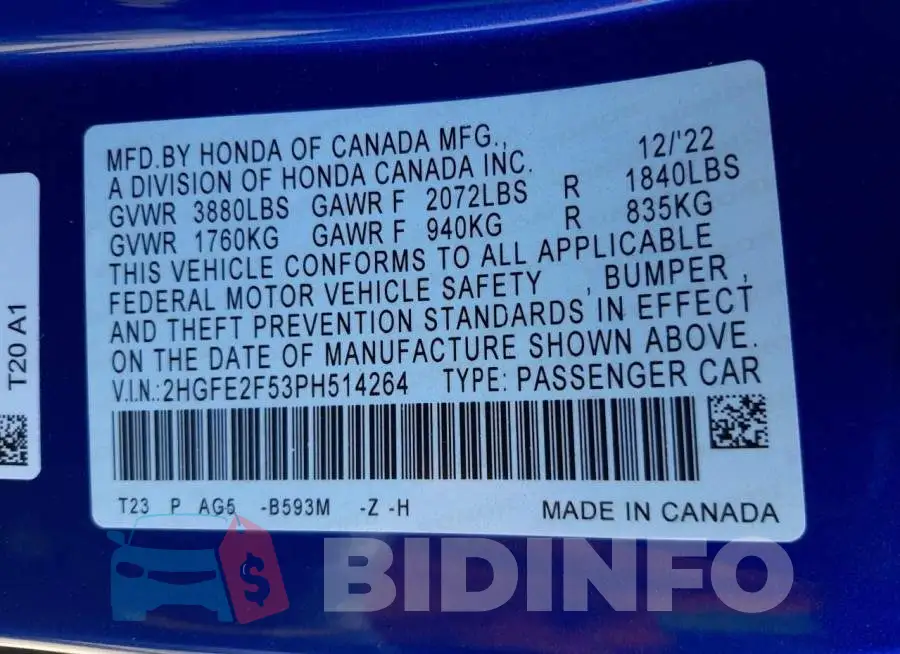 2HGFE2F53PH514264 Photo# 12