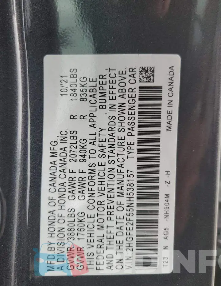 2HGFE2F55NH538157 Photo# 13