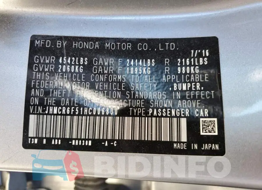 JHMCR6F51HC006830 Photo# 12