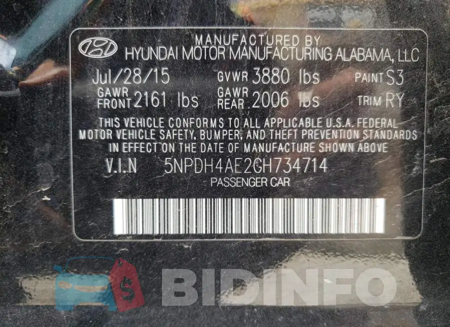 5NPDH4AE2GH734714 Photo# 12