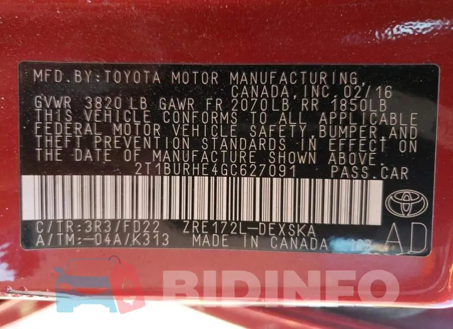2T1BURHE4GC627091 Photo# 12