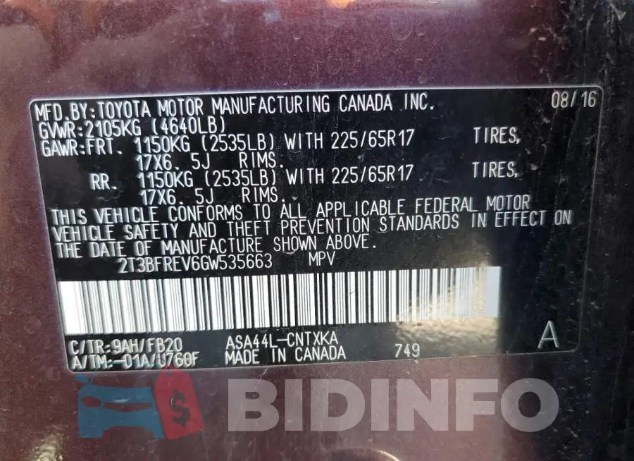 2T3BFREV6GW535663 Photo# 13