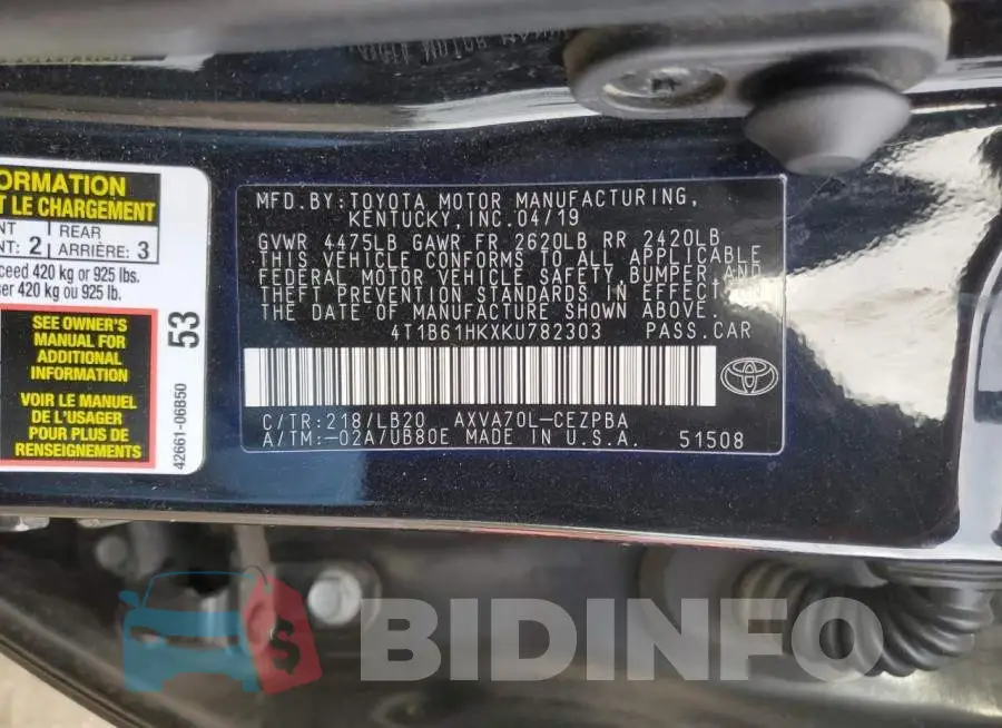 4T1B61HKXKU782303 Photo# 10