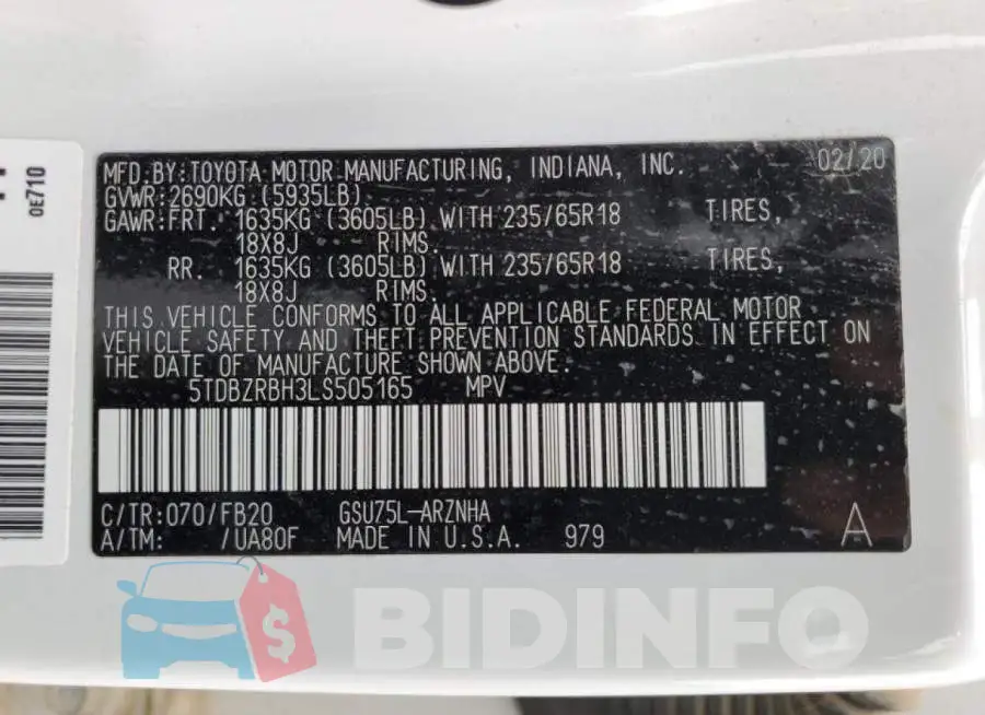 5TDBZRBH3LS505165 Photo# 13