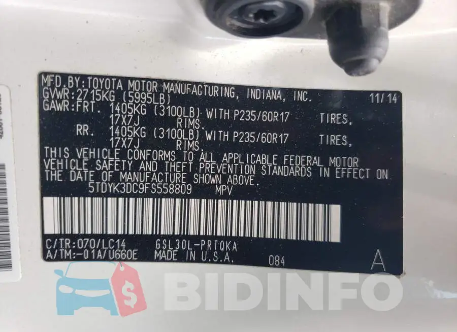 5TDYK3DC9FS558809 Photo# 13