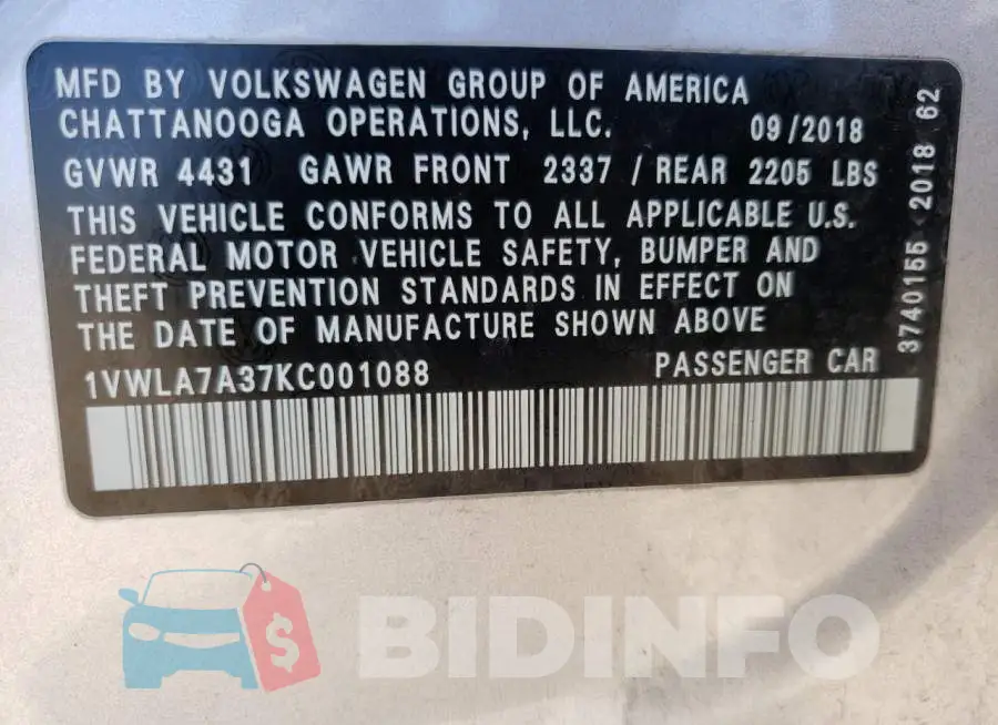 1VWLA7A37KC001088 Photo# 13